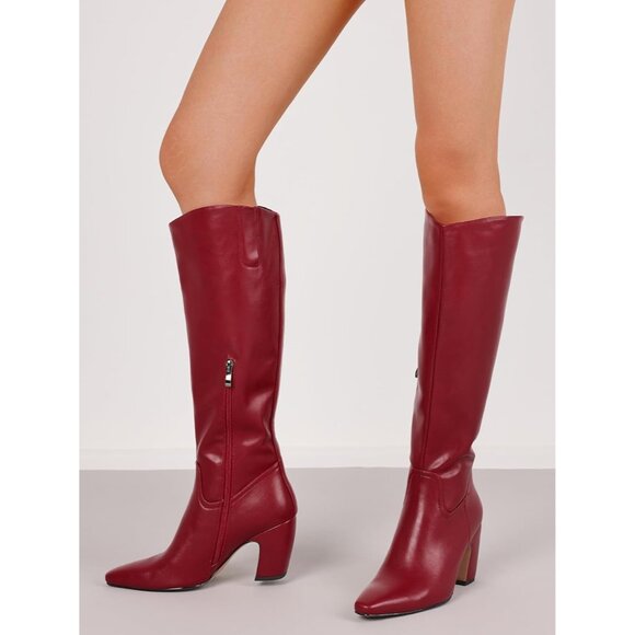 Women's Knee High Red Boots Square Toe Chunky Heel Wide Calf Tall Zipper Boots - Picture 4 of 7